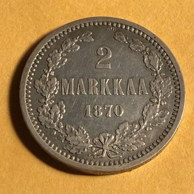 1870 S Finland Imperial Russian Eagle Silver 2 Markkaa. (1 of 2)