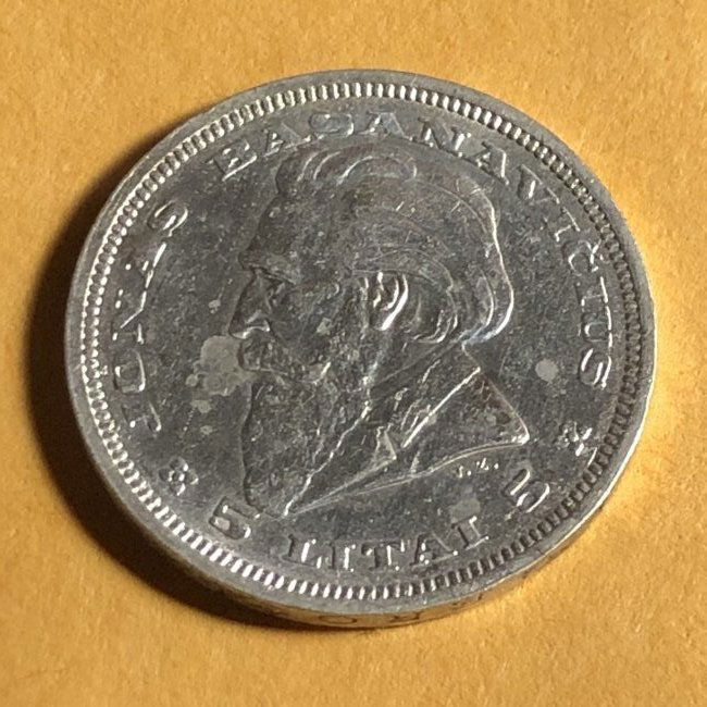 1925 LITHUANIA  Arms KNIGHT HORSEMAN  5 Litai Silver.. (1 of 2)