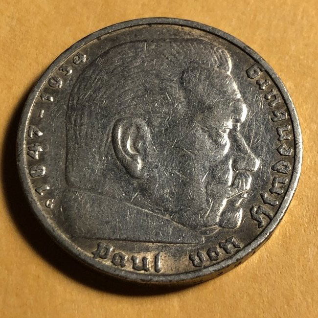 GERMANY 1935-G CIRCULATED CONDITION HINDENBURG 5-MARK. (1 of 2)