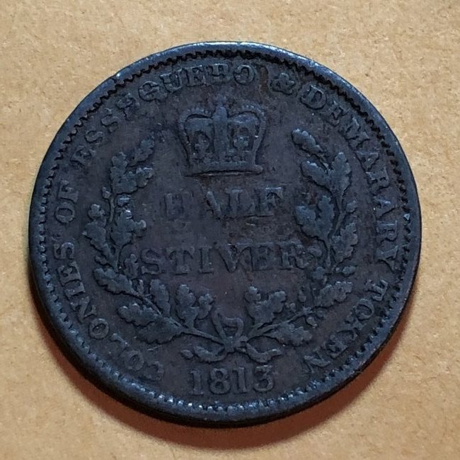 1813 Colonies 0f Essequero & Demarary Half 1/2 Stiver: 1813 Colonies 0f Essequero & Demarary Half 1/2 Stiver Dutch George III Colonial Coin VG Condition. $4.00 Domestic Shipping.