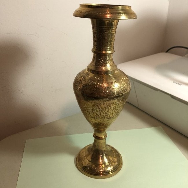 Solid Brass Vase w/Etched Floral Pattern & Polished... (1 of 4)