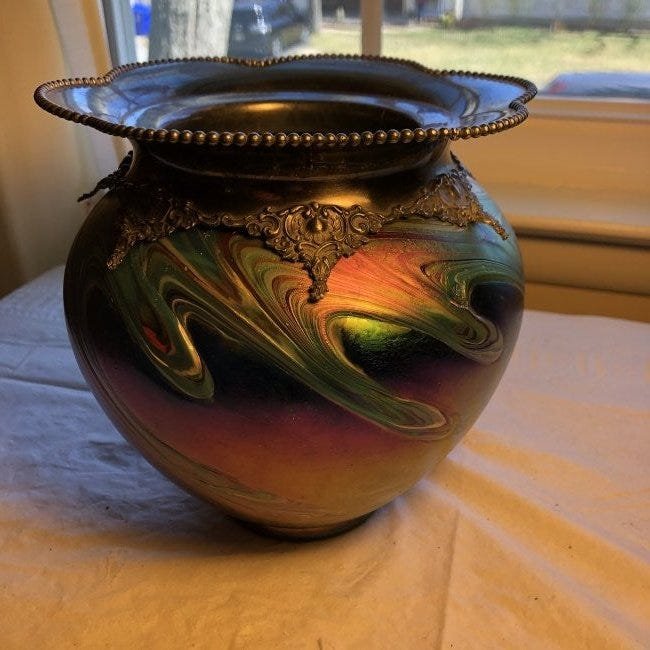 Antique 19th Century Art Glass Loetz Style Vase w/Metal (1 of 7)