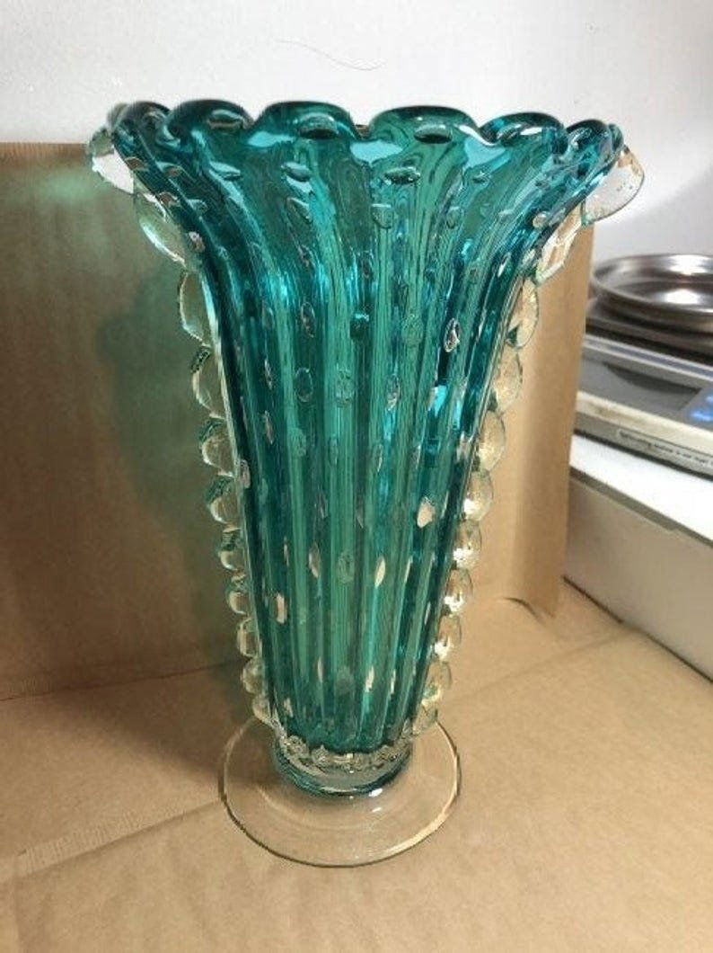 Lg Mid-Century Heavy Hand Blown Blue & Clear Art Glass. (1 of 6)
