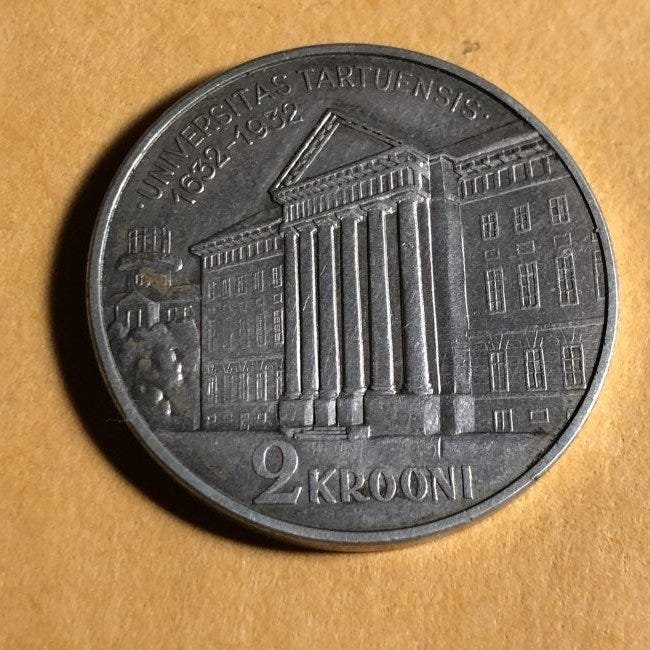 Estonia 2 Krooni 1932 KM#13 Very Scarce XF University..: Estonia 2 Krooni 1932 KM#13 Very Scarce XF University of Tartu Estland as Pictured. $4.00 Domestic Shipping.
