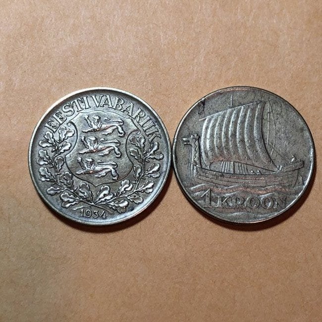 TWO SCARCE 1934 ESTONIA ONE KROON CIRCULATED CONDITION: TWO SCARCE 1934 ESTONIA ONE KROON CIRCULATED CONDITION COINS AS PICTURED. $4.00 DOMESTIC SHIPPING.