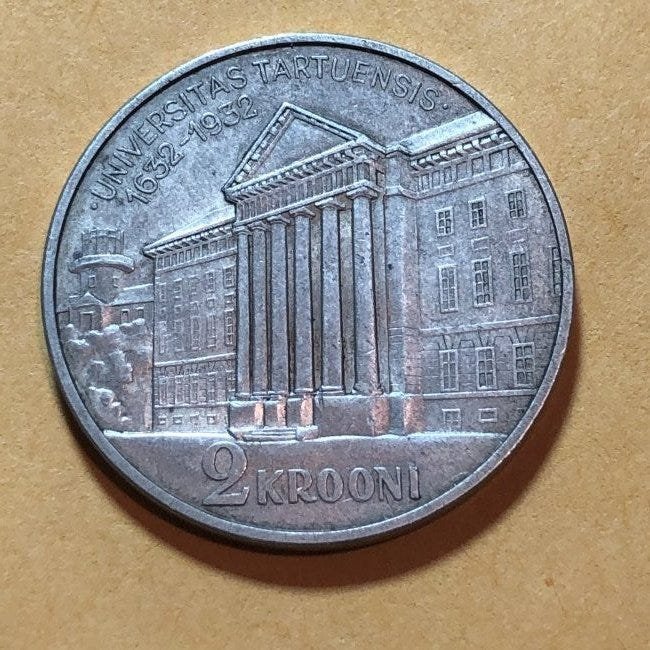 Estonia 2 Krooni 1932 KM#13 Very Scarce XF University..: Estonia 2 Krooni 1932 KM#13 Very Scarce XF University of Tartu Estland as Pictured. $4.00 Domestic Shipping.