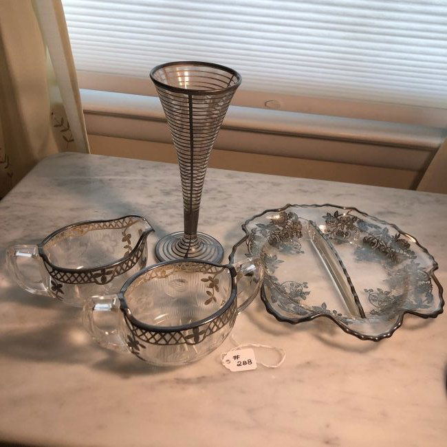 4-Vintage Silver Overlay Pieces Trumpet Vase, Etc... (1 of 5)