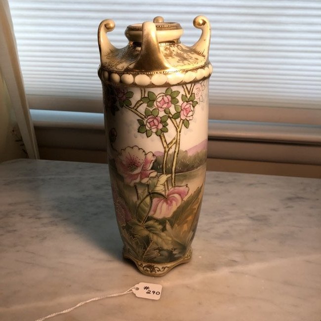Vintage Hand Painted NIPPON Vase 9" Tall Flowers w/Gold: Vintage Hand Painted NIPPON Vase 9" Tall Flowers w/Gold Trim as Pictured. $15.00 Domestic Shipping.