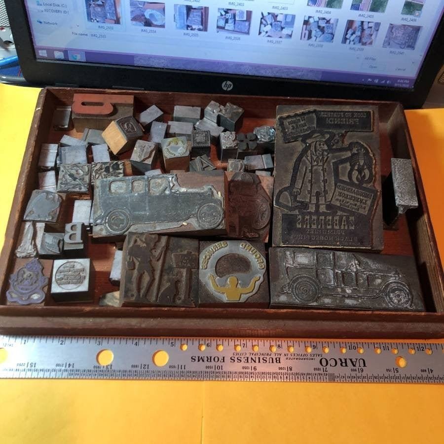 Antique Tray of Old Wooden & Lead Print Blocks..... (1 of 10)