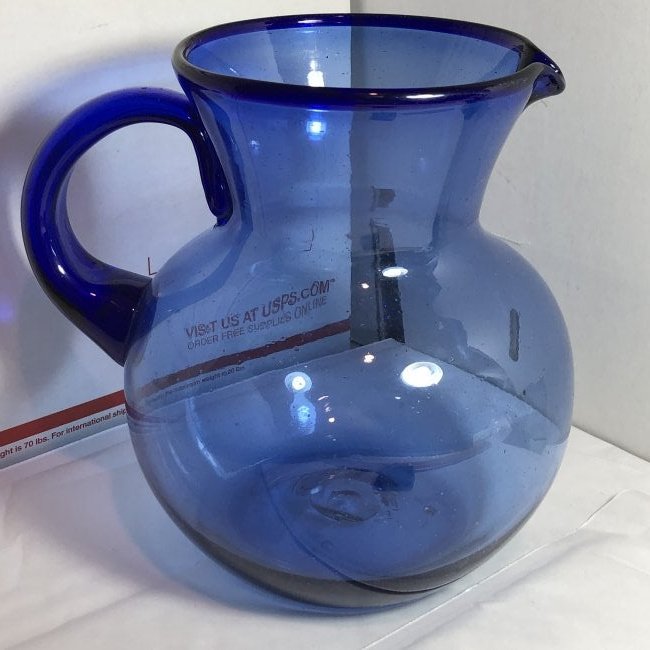 Vintage Hand Blown Cobalt Light Blue Glass Pitcher 8".. (1 of 5)