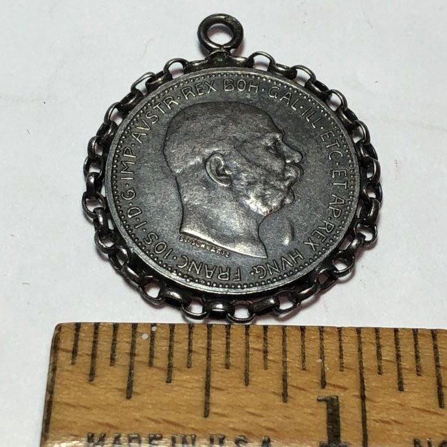 Vtg Austria 1915 1-Corona Silver Coin w/Soldered Bezel.: Vintage Austria 1915 1-Corona Silver Coin w/Soldered Bezel But Needs a Bail or Wire Hoop as Pictured. $4.00 Domestic Shipping.