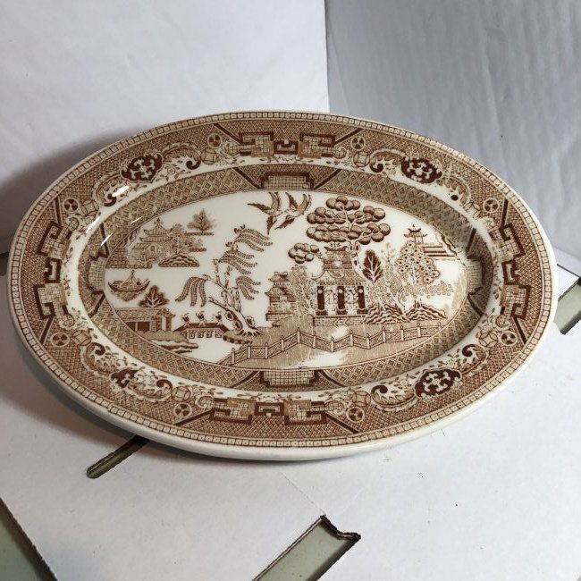 2-Rare Buffalo Pottery China Brown Willow Oval Plates (1 of 4)