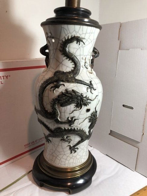 Vintage Chinese Dragon Crackled Stoneware/Pottery Lamp (1 of 8)