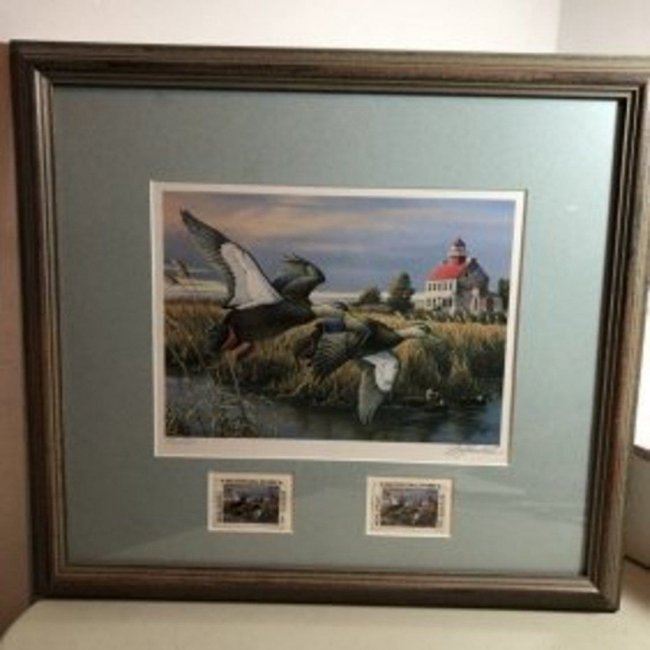 1994 New Jersey Duck Stamp Print W/2 Mint Stamps Artist: 1994 New Jersey Duck Stamp Print W/2 Mint Stamps Artist Wilhelm Goebel Frame Size 14.5" x 16" in VG Condition. Free Local Pickup or UPS Store Shipping Paid for by the Winning Bidder.