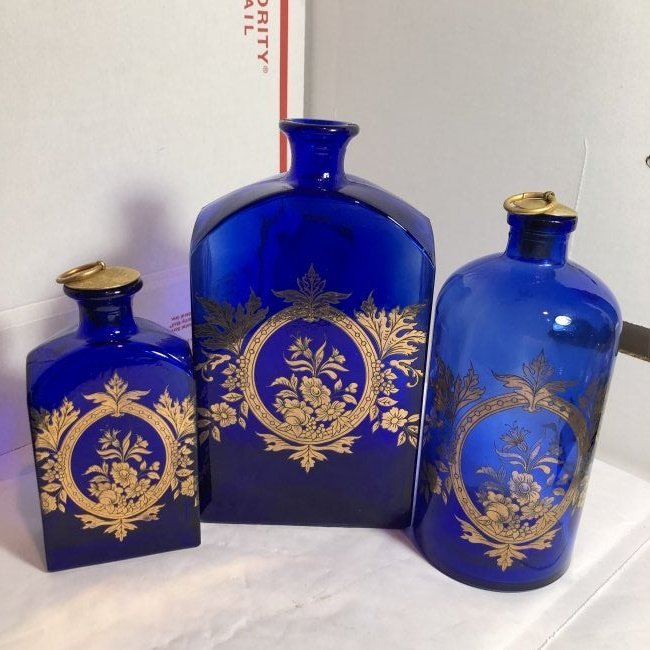 Vtg Lot of 3 Bohemian Cobalt Blue Glass Vanity Bottles. (1 of 8)