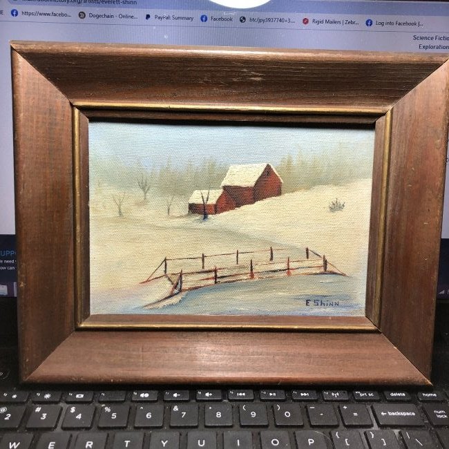 E. Shinn Signed Folk Art Oil on Canvas Painting 7" x 9": Vintage E. Shinn Signed Folk Art Oil on Canvas Painting Frame Size 7" x 9" Maybe the same Everett Shinn Born in Woodstown, New Jersey??? Don't Know. $13.75 Domestic Shipping.