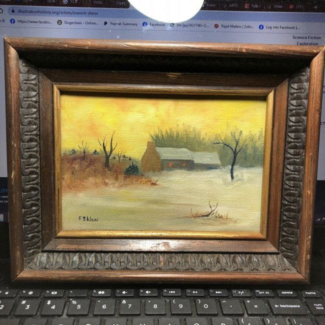 E. Shinn Signed Folk Art Oil on Canvas Painting 7" x 9": Vintage E. Shinn Signed Folk Art Oil on Canvas Painting Frame Size 7" x 9" Maybe the same Everett Shinn Born in Woodstown, New Jersey??? Don't Know. $13.75 Domestic Shipping.