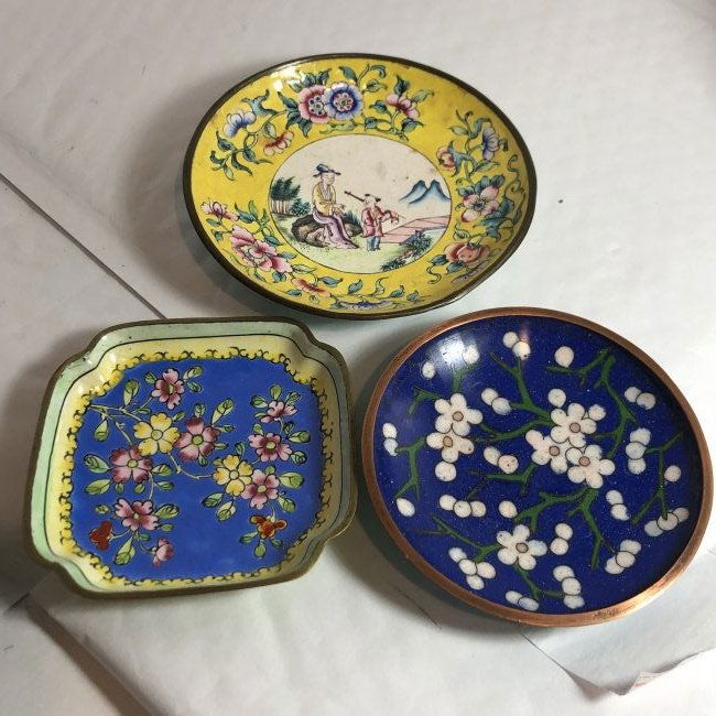 3-Vtg/Antique Asian Cloisonné Coaster Dishes Preowned..: 3-Vintage/Antique Asian Cloisonné Coaster Dishes Preowned from an Estate as Pictured. $6.00 Domestic Shipping.