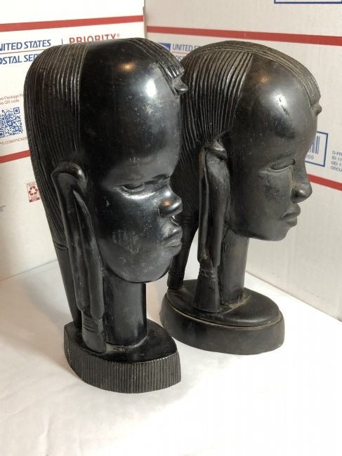 Pair of Vtg Wood Sculpture African Heads~Hand Carved (1 of 4)