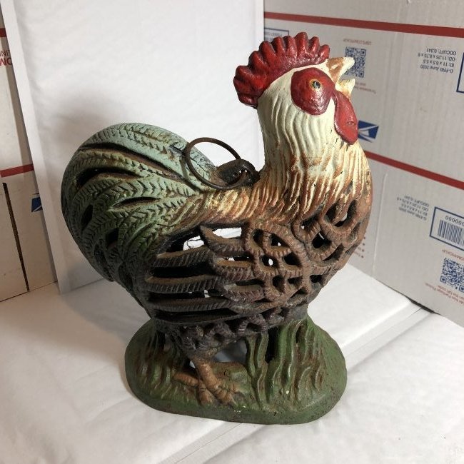 Cast Iron Filigree Rooster Door Stop 9.5" Tall Preowned: Cast Iron Filigree Rooster Door Stop 9.5" Tall Preowned from an Estate Cleanout. $15 Domestic Shipping.