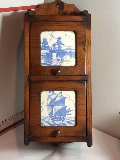Antique Hand Made 2 Drawer Blue/White Tile Wall Rack... (1 of 5)