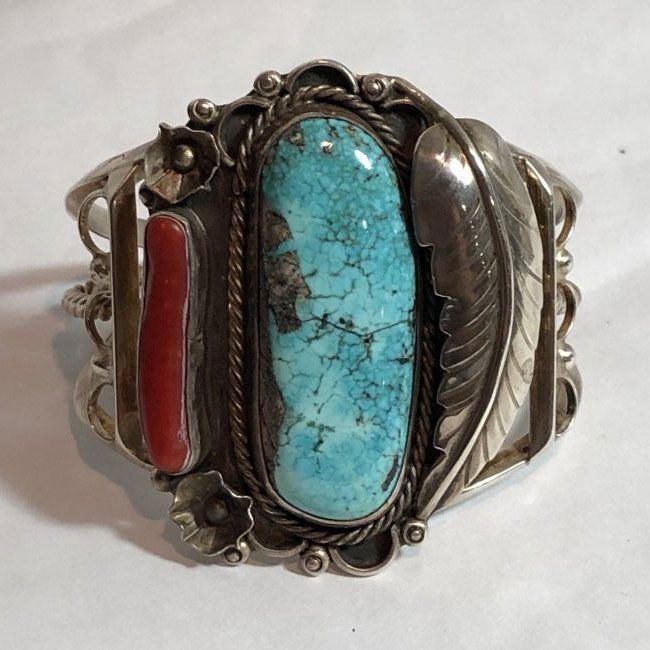 Vintage NAVAJO Turquoise/Coral Stamped-E Large Sterling (1 of 6)