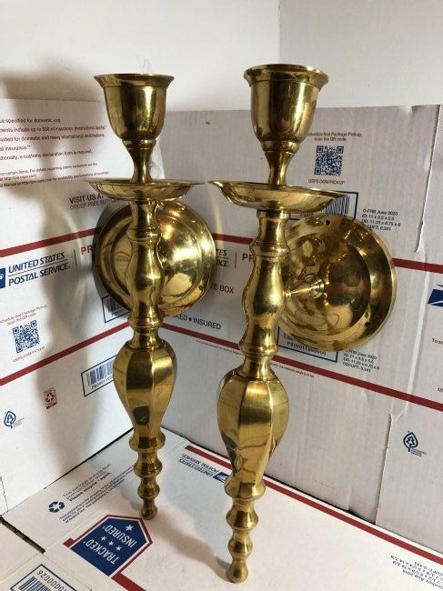 Vtg Pair of Solid Brass Wall Hanging 15" Candle Stick.. (1 of 6)
