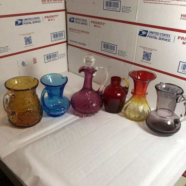 6-Vintage Hand Blown Art Glass Creamer Pitchers... (1 of 9)
