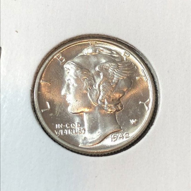 1942-P CHOICE BU MERCURY HEAD SILVER DIME AS PICTURED. (1 of 2)