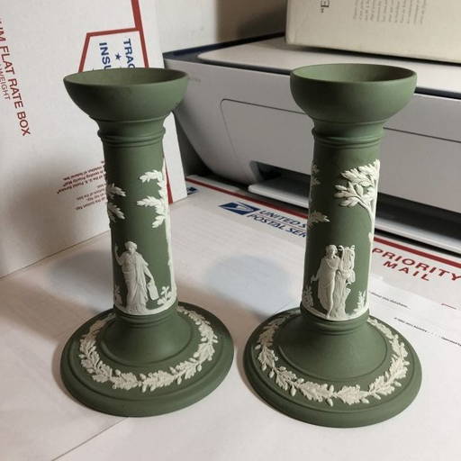 Vintage Wedgwood Green Jasperware Candle Holders 6.5".. (0368) on Nov