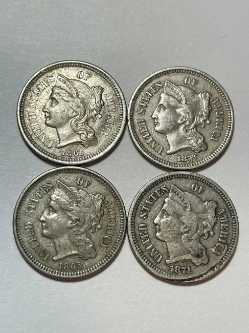 4-Three Cent Nickel Type Coins 2-1865, 1-1871, 1-1873. (1 of 6)