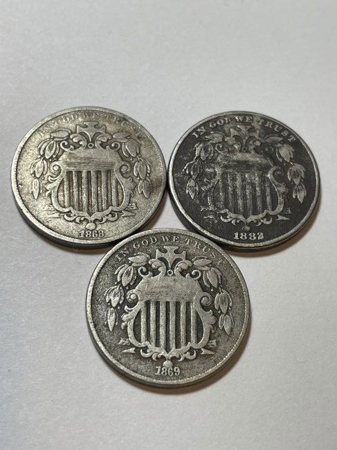 3-US Shield Nickel Type Coins 1868, 1869, 1882... (1 of 2)