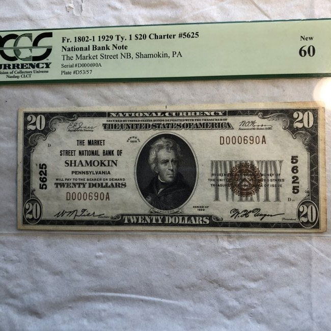 PCGS Certified 1929 Shamokin, Pa $20 National Bank Note (1 of 6)