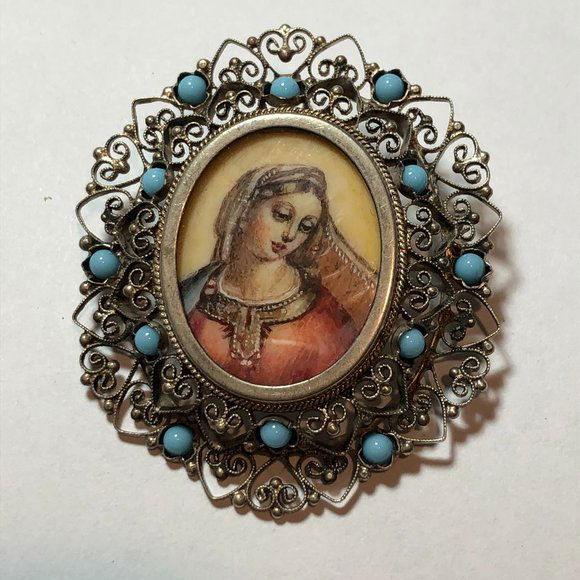 Scarce Antique .800 Silver Religious Hand Painted Cameo (1 of 5)
