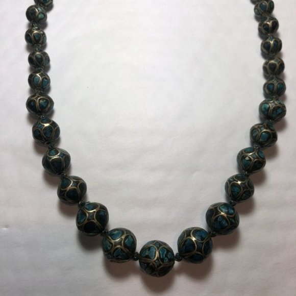 Antique Native American Silver Overlay Beaded 24" Neck.: Antique Native American Silver Overlay Beaded 24" Necklace Preowned from an Estate. Even the Knots have Overlay. $5.00 Domestic Shipping.