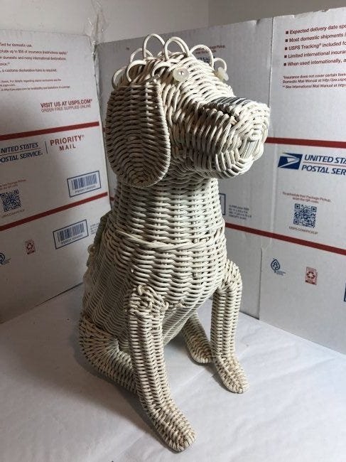 Vintage Wicker Dog Figure w/Back Compartment 12.5" Tall: Vintage Wicker Dog Figure w/Back Compartment 12.5" Tall Preowned from an Estate as Pictured. $13.75 Domestic Shipping.