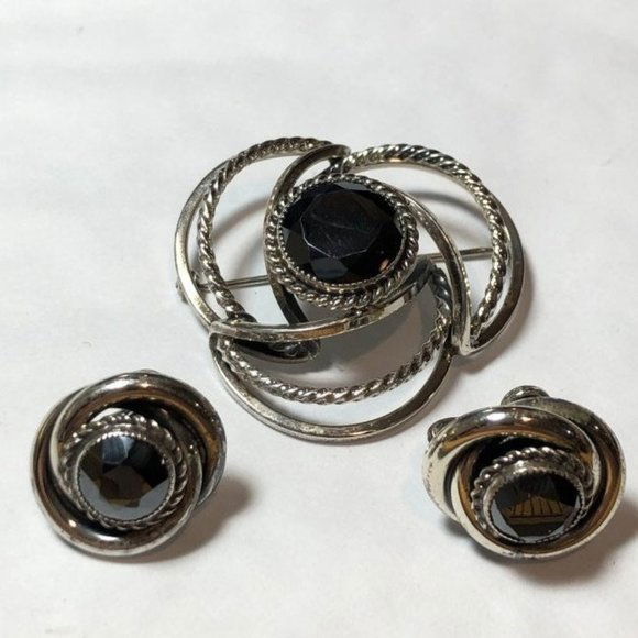 Vtg Danecraft Sterling Silver Hematite PIN w/Earrings.. (1 of 5)