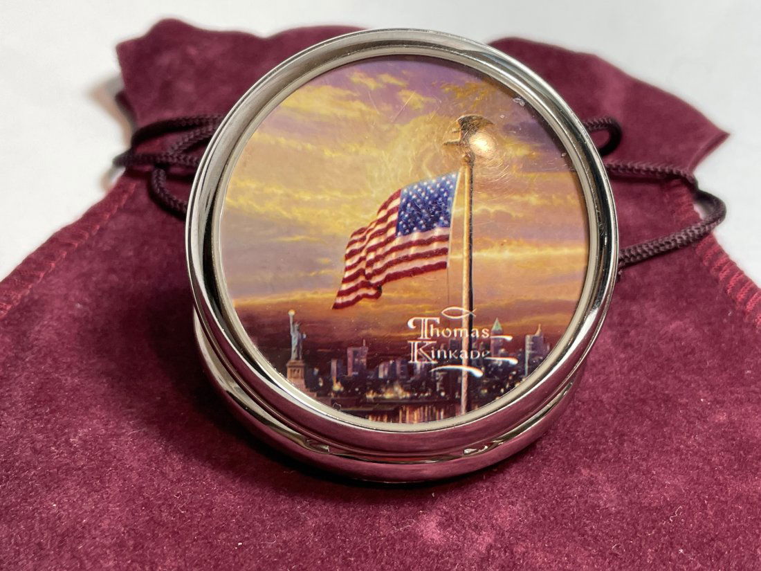 Thomas Kinkade The Light Of Freedom Quartz Pocketwatch: Thomas Kinkade "The Light Of Freedom" Quartz Pocket Watch Preowned. Watch Needs a Battery. $5.00 Domestic Shipping.