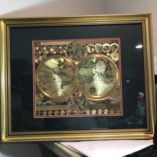 Vtg GOLD FOIL WORLD MAP DOUBLE HEMISPHERE 25x31 Frame..: Vintage GOLD FOIL WORLD MAP DOUBLE HEMISPHERE 25x31 FRAMED Wall Hanging in a Gorgeous Gold Leaf Frame in VG Condition. Free Local Pickup or UPS Store Shipping Paid for by the Winning Bidder.