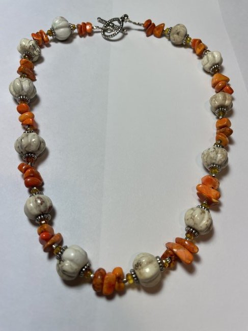 Vtg Orange Magnesite 18" Nugget Beads Fashion Necklace: Vintage Orange/Off White Magnesite 18" Nugget Bead Fashion Necklace in VG Preowned Condition. $4.00 Domestic Shipping.