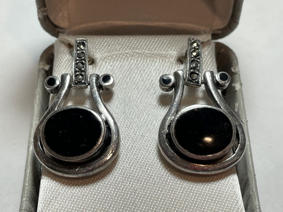 Sterling Silver Marcasite & Onyx Door Knocker Earrings. (1 of 4)