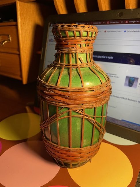 Antique AWAJI JAPAN Japanese Pottery VASE Bamboo Wicker (1 of 6)