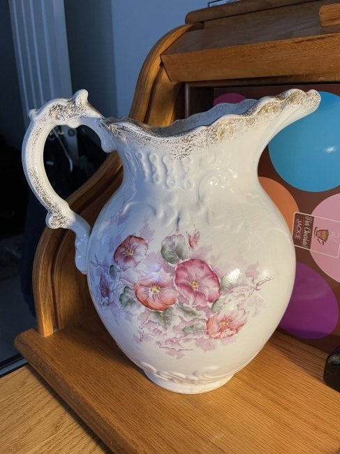Antique Large 11" Tall Hand Painted Pottery Pitcher... (1 of 8)