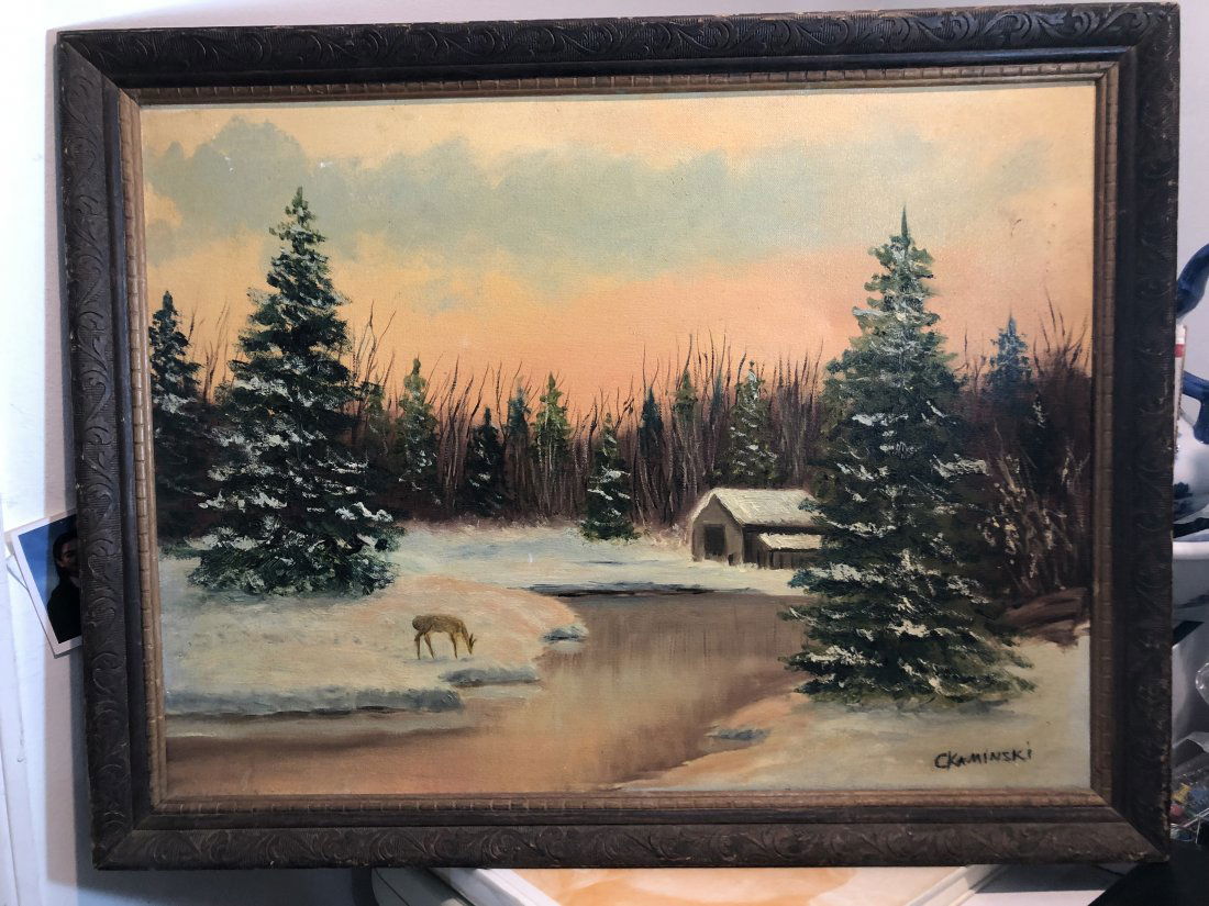 Vtg/Antique C. KAMINSKI Deer/Stream Winter Landscape.. (1 of 5)