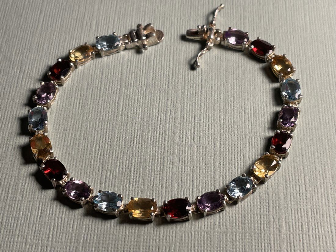 Vtg Sterling Silver Colored Stone Tennis Bracelet 7"... (1 of 4)