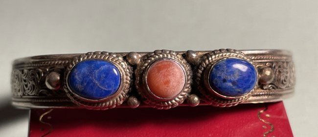 Native American Lapis/Pink Stone Sterling Silver Bangle (1 of 7)