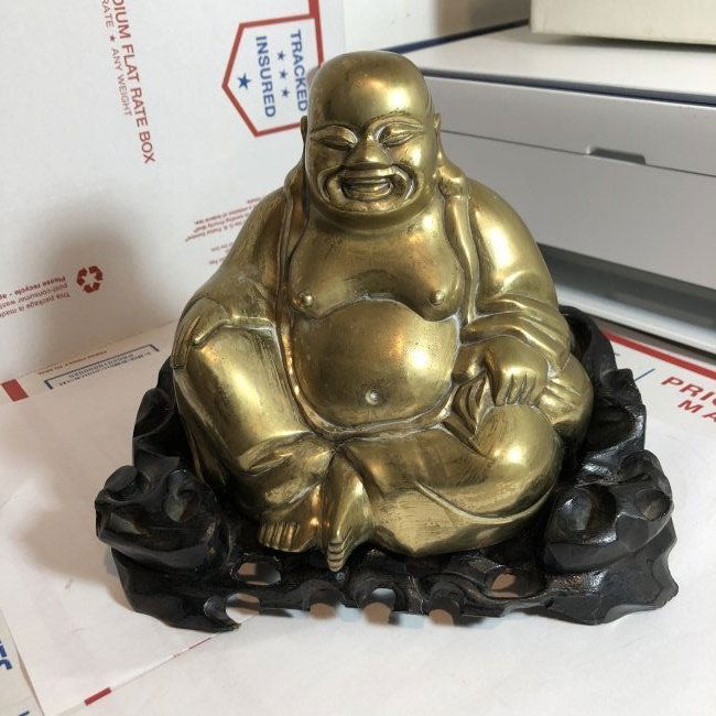 Vintage Brass Buddha on a Carved Wooden Base 7" x 8"... (1 of 9)