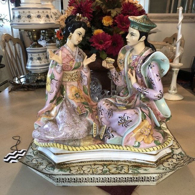 Vtg Huge Asian Courtship w/Butterflies Porcelain Figure (1 of 7)