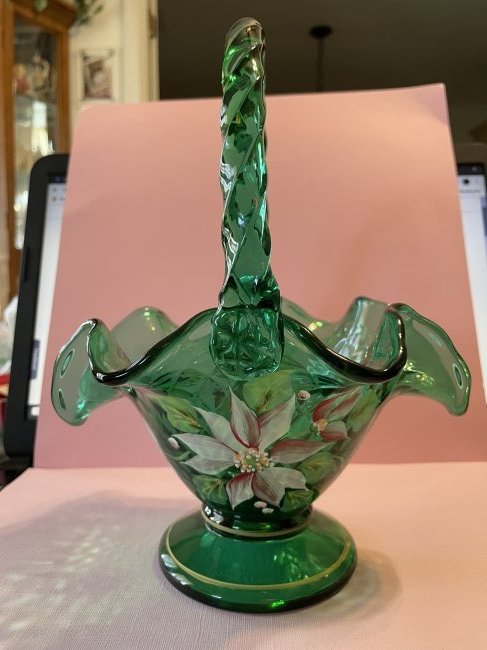 Signed FENTON & by Artist 9" Hand Painted Flower Basket (1 of 9)