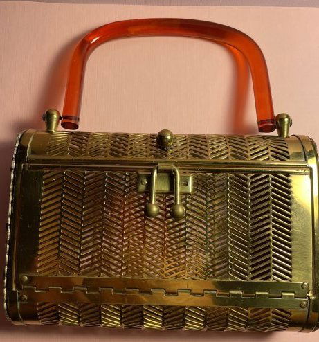 Scarce Metal Goldtone Metal Cage Purse c1950s 6" x 4-1/8" w/Lucite Handle...: Scarce Metal Goldtone Metal Cage Purse c1950s 6" x 4-1/8" w/Lucite Handle. Applied Stone & Beadwork on the Sides as Pictured. Fantastic Piece that is Very Well Made. $7 Domestic Shipping. $25 Internat